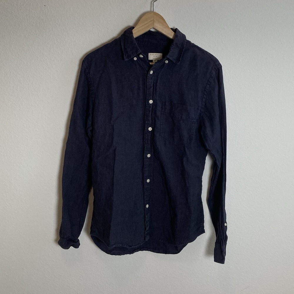 Club Monaco Shirt Mens Small Navy Chambray Long Sleeve Button Down Linen Casual